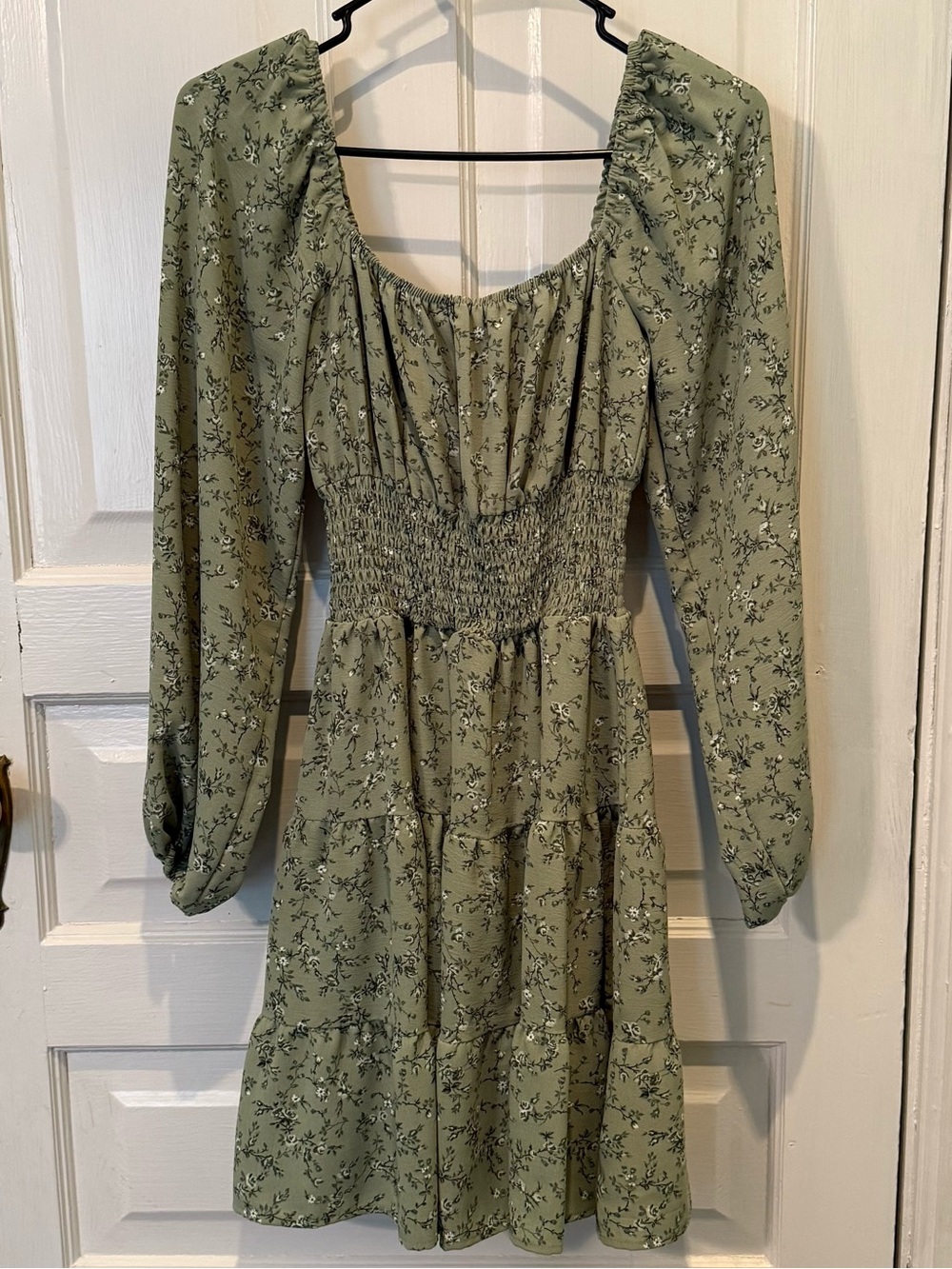 Sage Green Floral Long-Sleeve Smocked Waist Dress